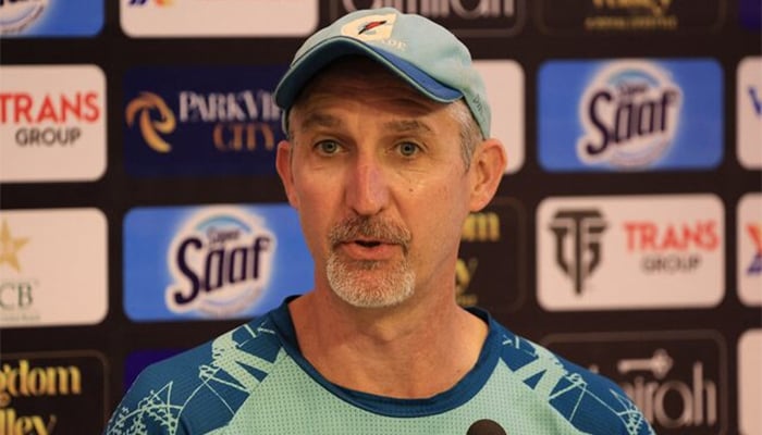 Pakistan red-ball coach Jason Gillespie speaks during a press conference. — Reuters/File