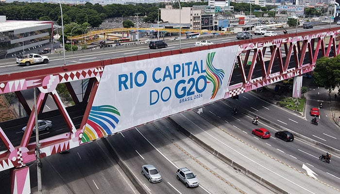 A drone view shows a banner on a bridge ahead of G20 Summit in Rio de Janeiro, Brazil, November 17, 2024. — Reuters