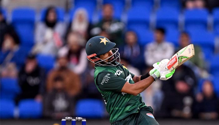 Pakistan batsman Babar Azam plays a shot during the third Twenty20 international cricket match between Australia and Pakistan at the Bellerive Oval in Hobart on November 18, 2024. — AFP