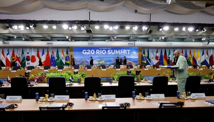 View of the plenary session room before the opening session of the G20 Summit in Rio de Janeiro, Brazil, on November 18, 2024. — AFP