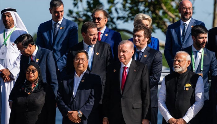 G20 leaders gather for a group photo in Rio de Janeiro, Brazil on November 18, 2024. — AFP