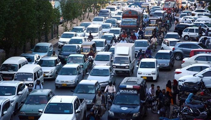 A view of massive traffic jam at National Stadium road causing difficulties for the commuters. — APP/File