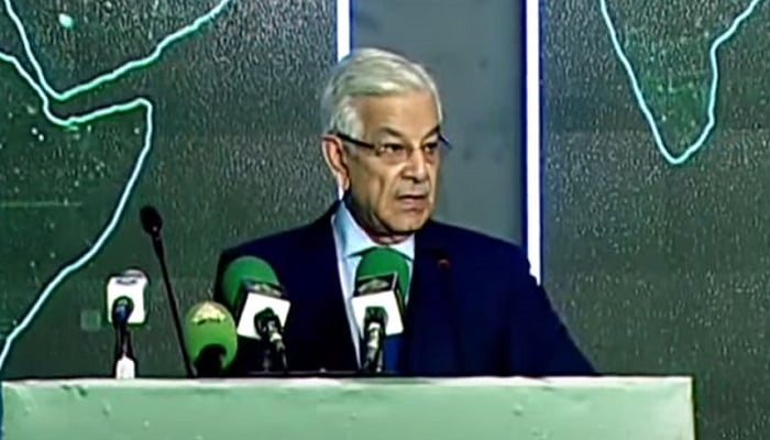 Defence Minister Khawaja Muhammad Asif addressing the inaugural ceremony of IDEAS, November 19. — Radio Pakistan