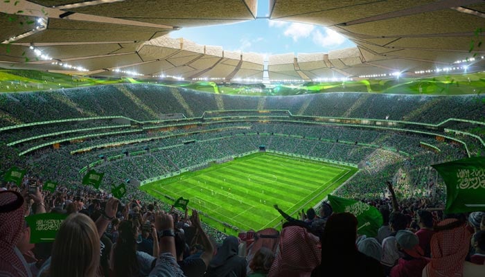 This undated image shows a computer-generated illustration of the King Salman Stadium set to be built in Riyadh, Saudi Arabia for the 2034 Fifa Mens World Cup. — X/@tdnewcomb