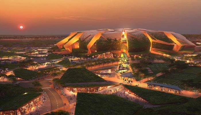 This image shows a computer-generated illustration of the King Salman Stadium set to be built in Riyadh, Saudi Arabia for the 2034 Fifa Mens World Cup. — X/@tdnewcomb