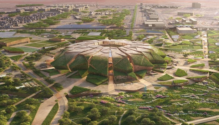 This undated image shows a computer-generated illustration of the King Salman Stadium set to be built in Riyadh, Saudi Arabia for the 2034 Fifa Mens World Cup. — X/@tdnewcomb