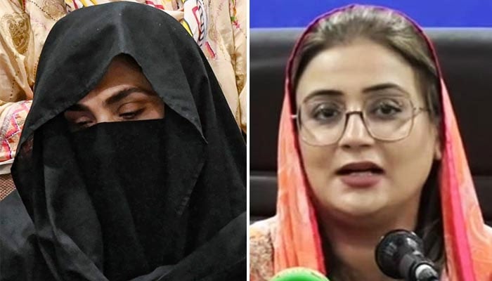 PTI founder Imran Khans wife Bushra Bibi (left) and Punjab government spokesperson Azma Bukhari. — APP/YouTube/GeoNews/File