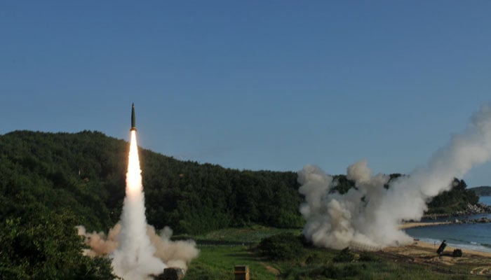 United States and South Korean troops utilizing the Army Tactical Missile System (ATACMS) and South Koreas Hyunmoo Missile II, fire missiles into the waters of the East Sea, off South Korea, July 5, 2017. — Reuters