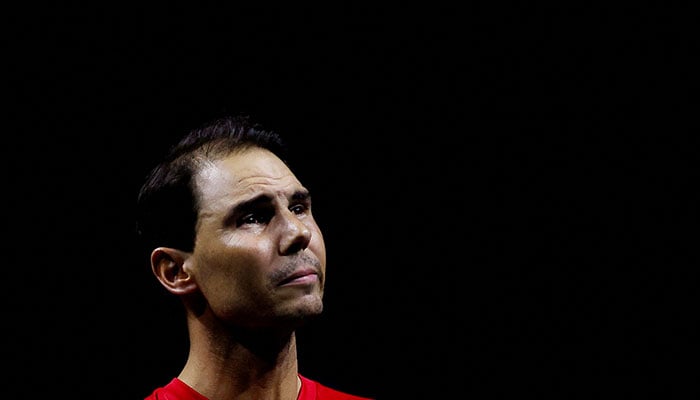 Spains Rafael Nadal reacts during a tribute to his career after The Netherlands eliminated Spain in Davis Cup quarterfinal in Malaga on November 20, 2024. — Reuters