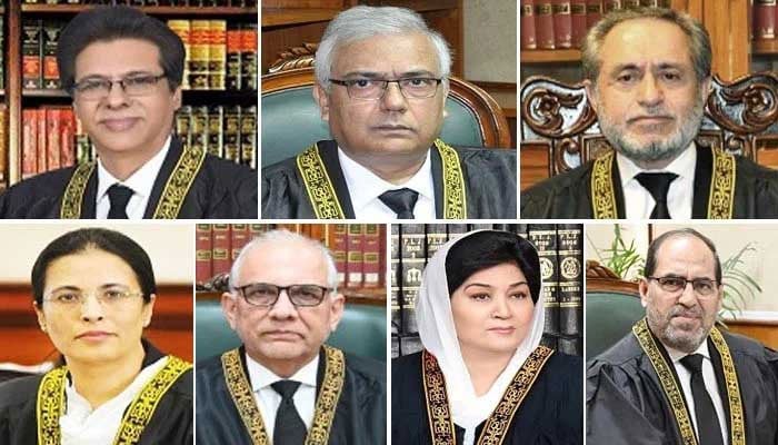 (Clockwise from top left) Collage shows Justice Muhammad Ali Mazhar, Justice Amin-ud-Din Khan, Justice Jamal Khan Mandokhail, Justice Ayesha A Malik, Justice Syed Hasan Azhar Rizvi, Justice Musarrat Hilali and Justice Naeem Afghan. — SC website