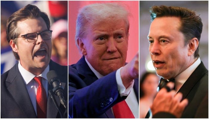 A combination of images shows Republican Congressman Matt Gaetz (left), US President-elect Donald Trump (centre) and Tesla CEO Elon Musk. — Reuters/File