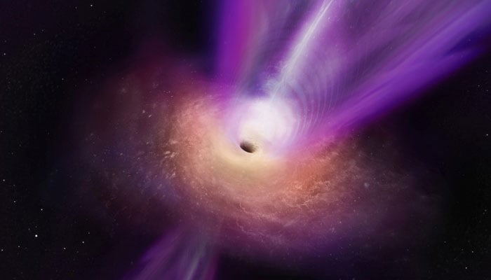 In this artist’s conception of a supermassive black hole in galaxy M87, the black hole’s massive jet is seen rising up from the centre of the black hole. — Reuters/File