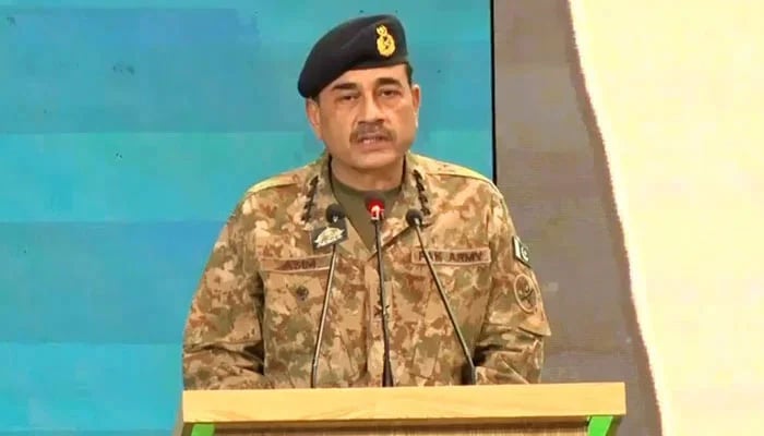 Chief of Army Staff (COAS) General Asim Munir speaks at the National Convention of Scholars on August 8, 2024, in this still taken from a video. — YouTube/Geo News