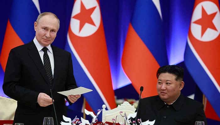 Russias President Vladimir Putin and North Koreas leader Kim Jong Un attend a state reception in Pyongyang, North Korea, June 19, 2024. — Reuters