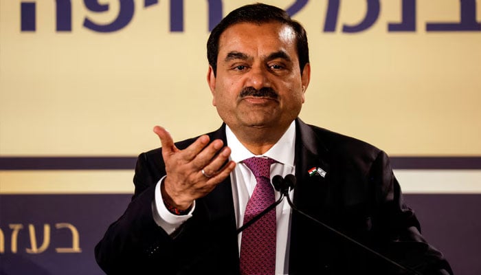 Indian billionaire Gautam Adani speaks during the opening ceremony after the Adani Group completed the purchase of the Haifa Port earlier in January 2023, in Haifa Port, Israel, January 31, 2023. - Reuters