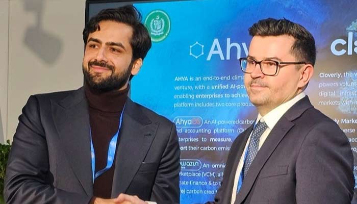 An undated image shows Ahya CEO Salaal Hasan (left) can be seen after announcing a partnership with Cloverly at COP29 in Baku, Azerbaijan. — Instagram/@ahyatech