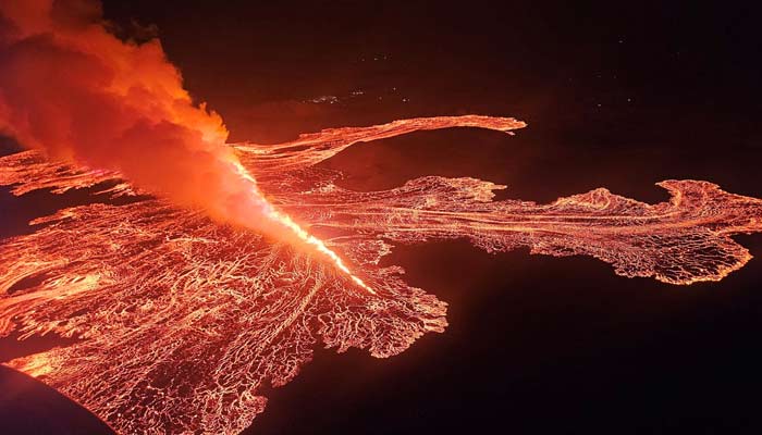 Lava surges and flows after a volcanic eruption on the Reykjanes Peninsula near Grindavik, Iceland, in this photo posted on November 21, 2024. — Reuters