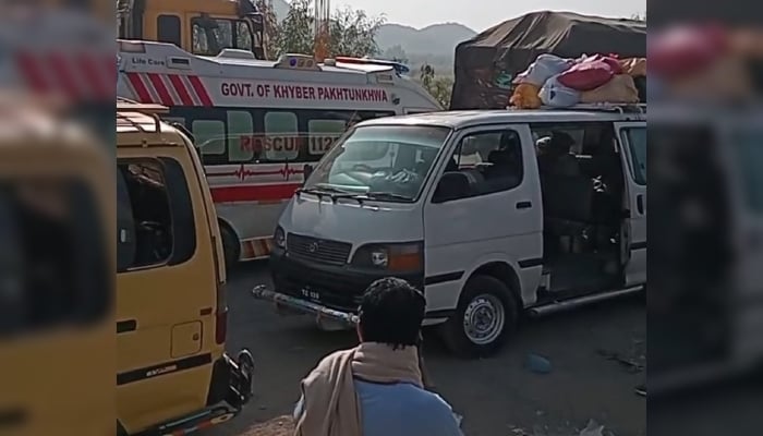 Rescue 1122 ambulance can be seen among passenger vehicles in Kurram on November 21, 2024. —Reporter