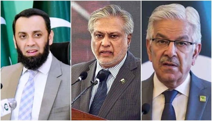 (From left) Federal Minister for Information and Broadcasting Attaullah Tarar, Deputy Prime Minister and Foreign Minister Ishaq Dar and Defence Minister Khawaja Muhammad Asif. — APP/APP/AFP/Files