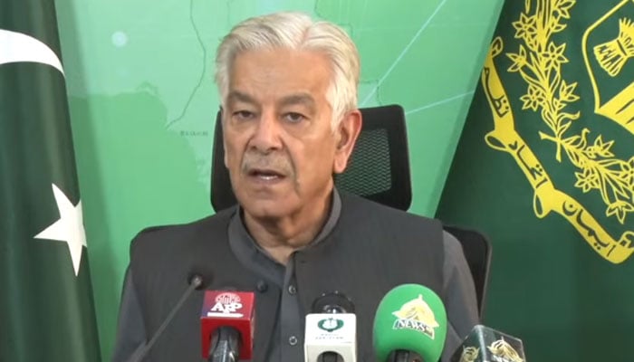 Defence Minister Khawaja Asif addressing a press conference in Islamabad, on November 22, 2024. — Screengrab/PTVNewsLive