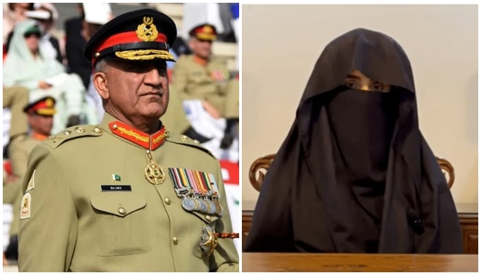 Former army chief General (retd) Qamar Javed Bajwa (Left) and Bushra Bibi, the wife of PTI founder Imran Khan. — ISPR/Screengrab via X/@PTIOfficial