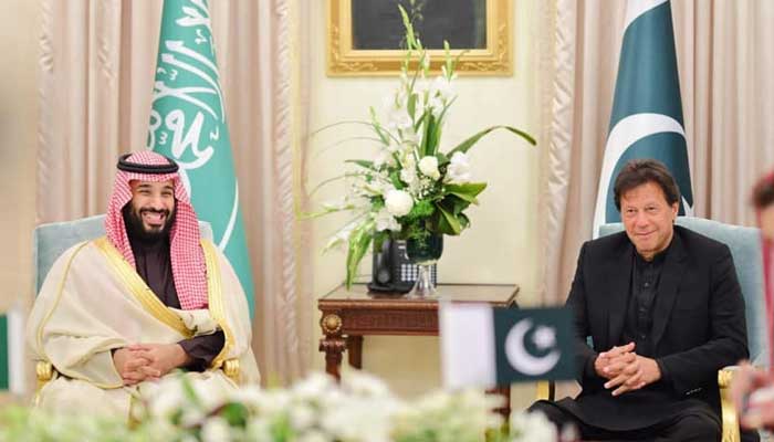 Saudi Crown Prince Mohammed bin Salman (left) calls on former prime minister Imran Khan in Islamabad, on February 18, 2019. — PID