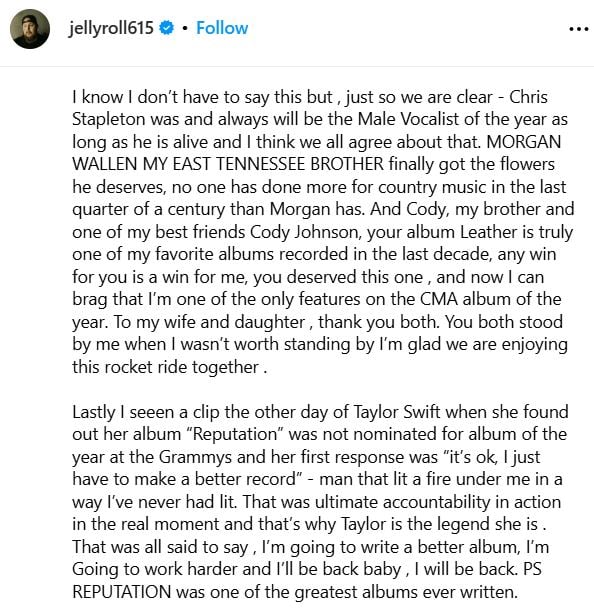 Jelly Roll reveals how Taylor Swifts Reputation album lit a fire in him