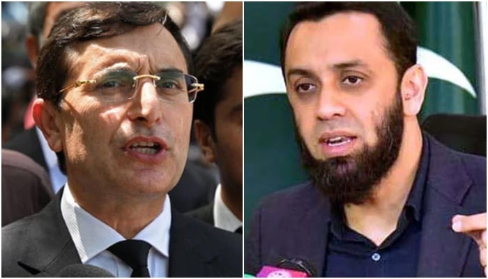 PTI chairman Gohar Ali Khan (left) and Federal Information Minister Attaullah Tarar speak during separate press conferences in these undated photos. — AFP/APP/File