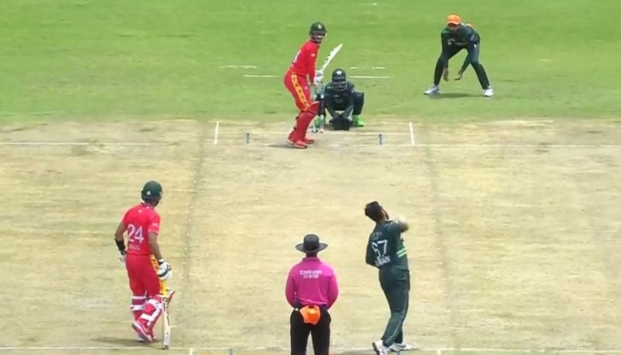 Pakistans Salman Ali Agha bowling Zimbabwean batter Sean Williams on November 24, 2024. —Screengrab/ Geo Sports