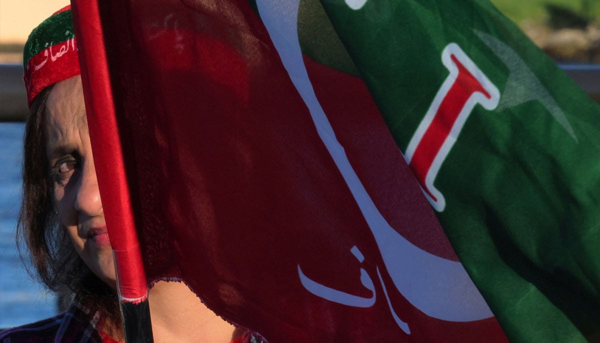 A supporter of Imran Khan is holding party flag during the demonstration outside Trumps residence in Florida, November 23, 2024. — Reuters