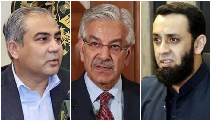 Interior Minister Mohsin Naqvi (left), Defence Minister Khawaja Asif (centre), and Federal Information Minister Attaullah Tarar speak during separate news conferences. — APP/AFP/Radio Pakistan/File