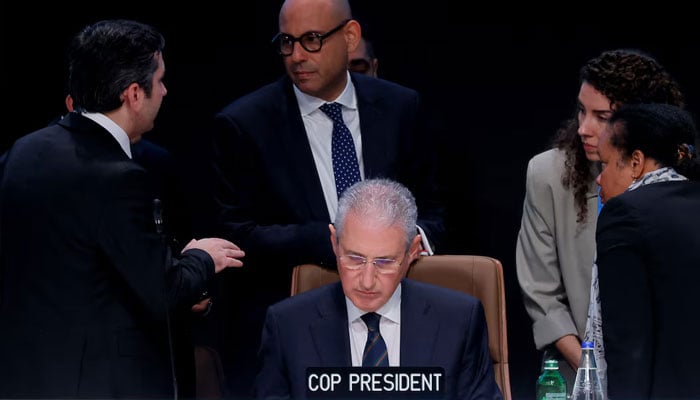 COP29 President Mukhtar Babayev, COP29 United Nations Climate Change Conference Lead Negotiator Yalchin Rafiyev and Simon Stiell, Executive Secretary of UNFCCC attend a closing plenary meeting at the COP29 United Nations Climate Change Conference, in Baku, Azerbaijan November 24, 2024. — Reuters