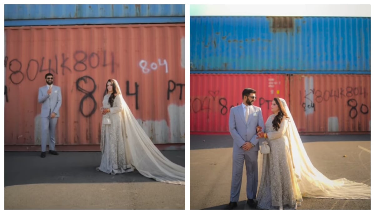 Islamabad couple poses in front of the containers amid the ongoing PTI protest in Islamabad. — Screengrab/Intagram/@thetalentstudios