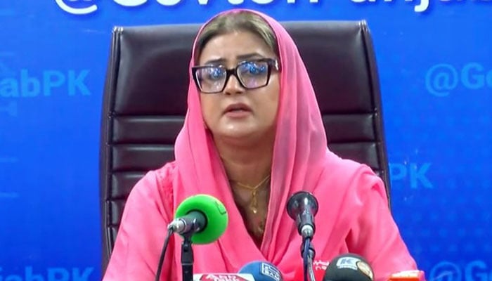 Punjab Information Minister Azma Bokhari addresses the press conference in Lahore on November 25, 2024. — Screengrab via Geo News