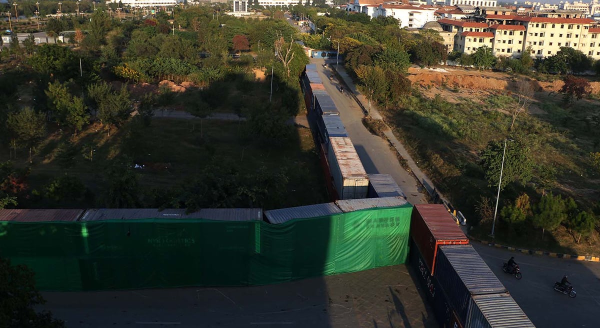 Aerial view of D chowk closed with containers due to PTI protest in twin cites on November 25, 2024. —  INP