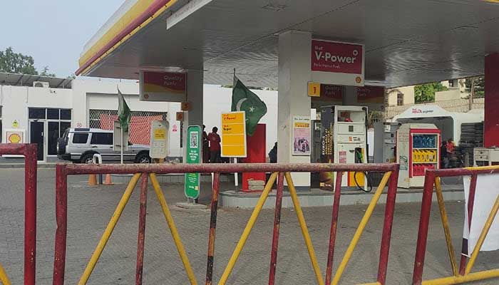 A petrol pump displays deserted look due to a strike on July 5, 2024. — Geo.tv