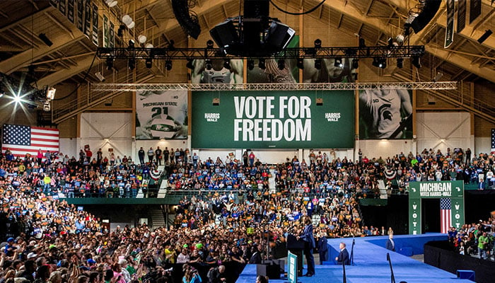 Democratic presidential nominee US Vice President Kamala Harris speaks during a campaign rally at Michigan State University in East Lansing, Michigan, US, November 3, 2024. — Reuters