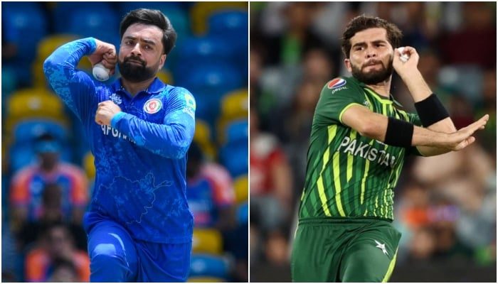 A combination of pictures shows Afghanistans Rashid Khan (left) and Pakistans Shaheen Shah Afridi in action. — AFP/PCB/File