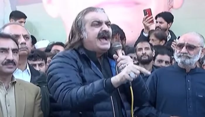 KP Chief Minister Ali Amin Gandapur addressing a press conference in Mansehra, on November 27, 2024. — Screengrab/GeoNews