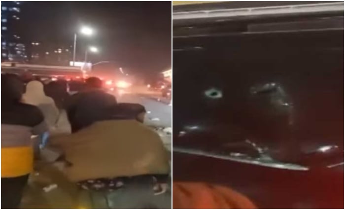 A collage showing angry PTI workers in Islamabad (left) and a damaged window of a vehicle. — Screengrab via Geo News