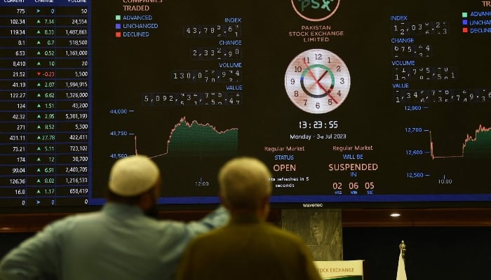 Stockbrokers monitor the latest share prices at the Pakistan Stock Exchange (PSE) in Karachi on July 3, 2023.— AFP