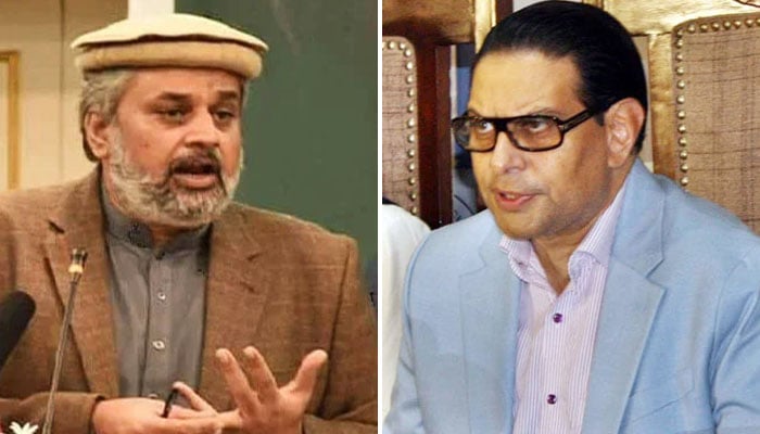 SIC Chairman Sahibzada Hamid Raza (left) and PTI Secretary General Salman Akram Raja speak during separate press conference in these undated photos. — Facebook/Sahibzada Hamid Raza/PPI/File