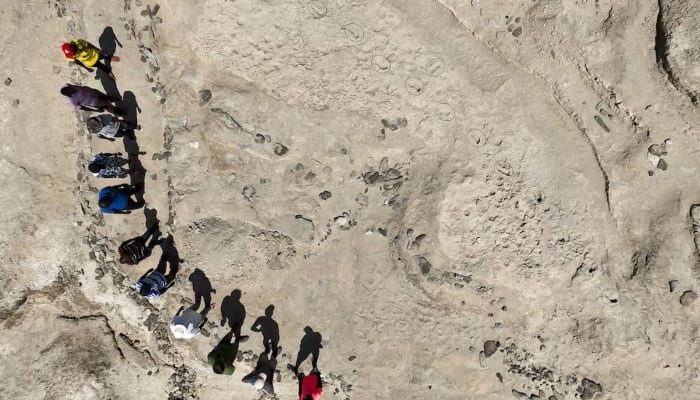 An aerial photo of the excavated trackway surface in northern Kenya, with members of the research team along its perimeter, is seen in this photograph released on November 28, 2024. —Reuters