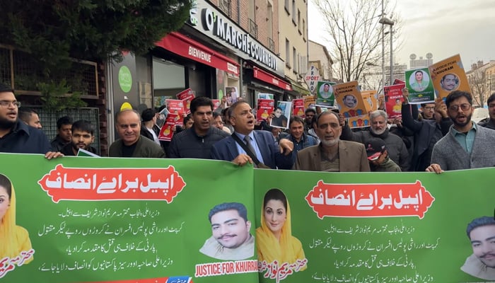 People protest against the killing of Khurram Shabir in this undated image. — Reporter