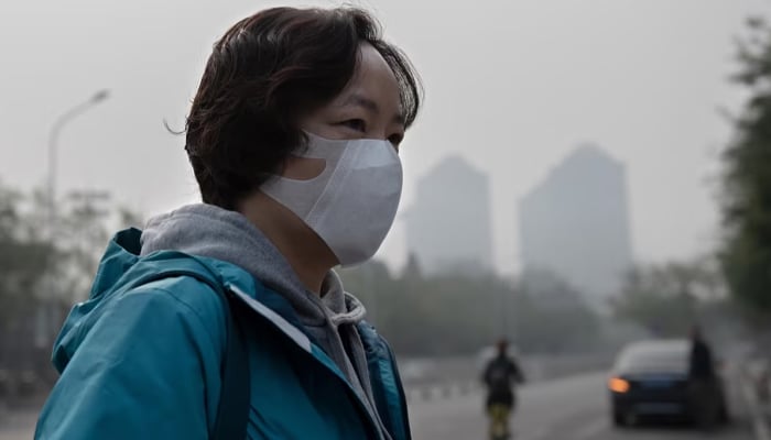 A woman wears a protective mask to fight bad air pollution in Beijing on October 22, 2018. — AFP