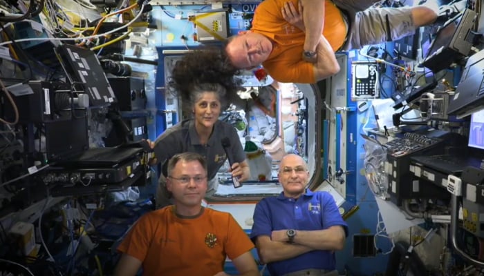 The astronauts seen in a still taken from a video message sending their wishes on Thanksgiving from the International Space Station (ISS) on November 27, 2024. — Nasa