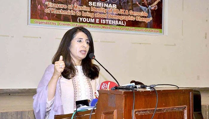 Foreign Office Spokesperson Mumtaz Zahra Baloch addresses a seminar on “Erasure of Muslim Identity of IIOJK& Genocide of Kashmiris to bring about Demographic Change” (Youm e Istehsal) organized by Friends of Kashmir at Kashmir House on August 5, 2023. — APP