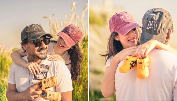 Mariyam Nafees hugs husband Amaan Ahmed during a photoshoot. — Instagram/@mariyam.nafees