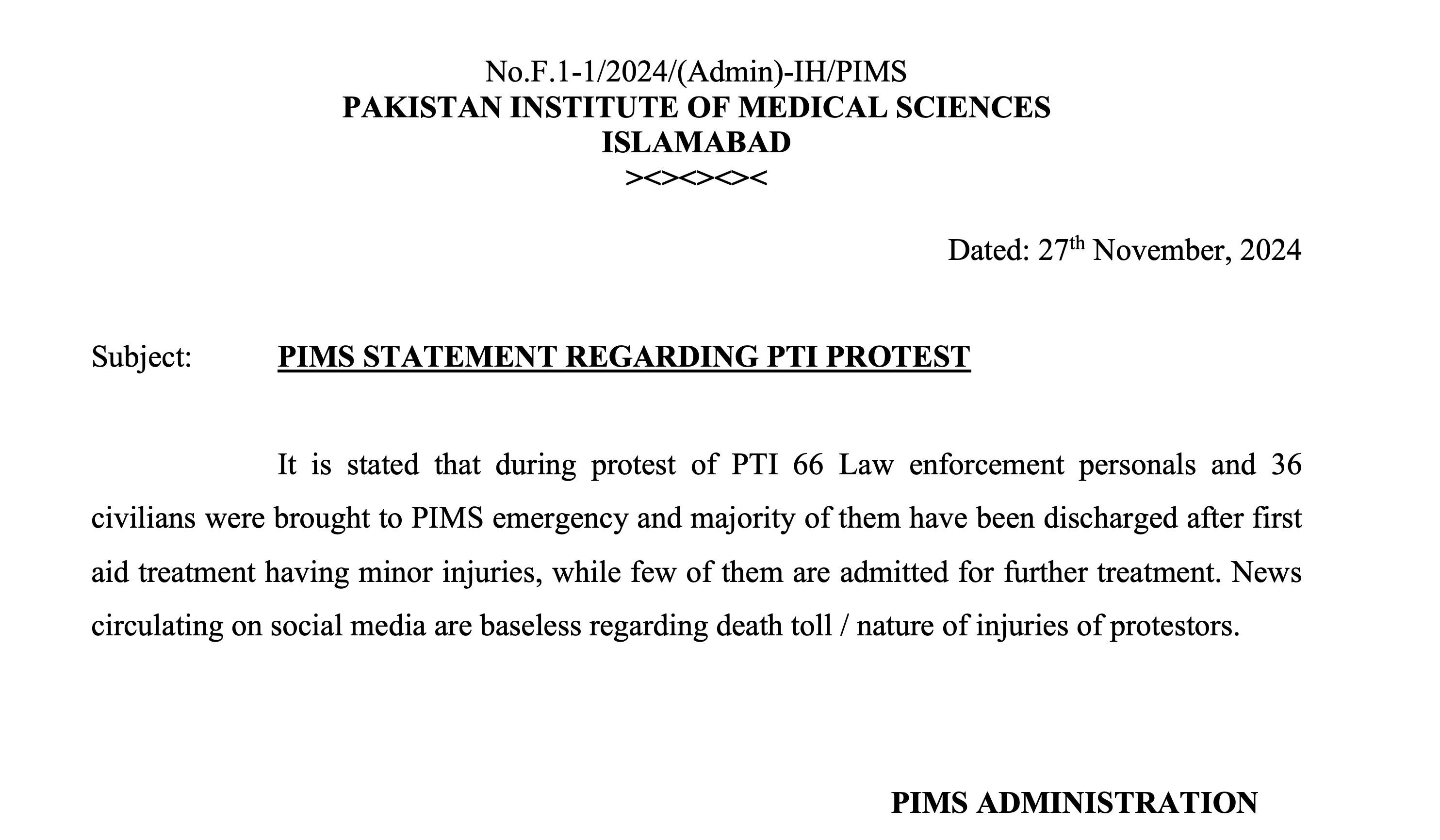 The picture shows a statement issued by Pakistan Institute of Medical Sciences Islamabad.