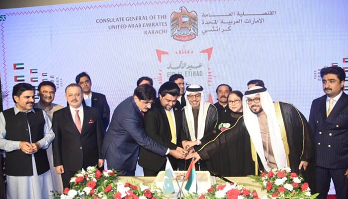 Governor Sindh Kamran Tessori and CM Sindh Syed Murad Ali Shah celebrate UAEs 53rd National Day with Ambassador Al-Zaabi and Consul General Al-Romaithi. — FB/Governor Sindh